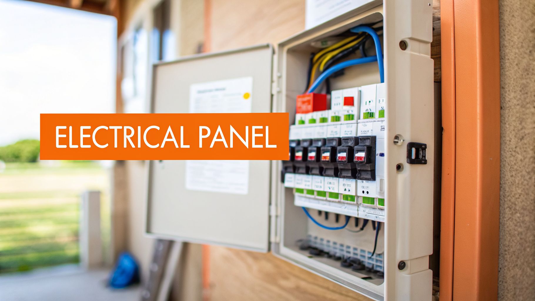 An open electrical panel revealing multiple circuit breakers and colorful wiring inside a home.