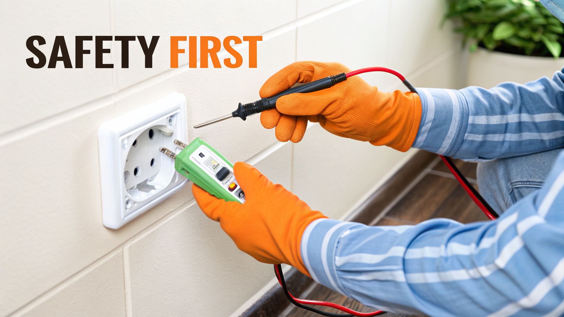 Person in orange gloves testing an electrical outlet with a voltage tester for safety.