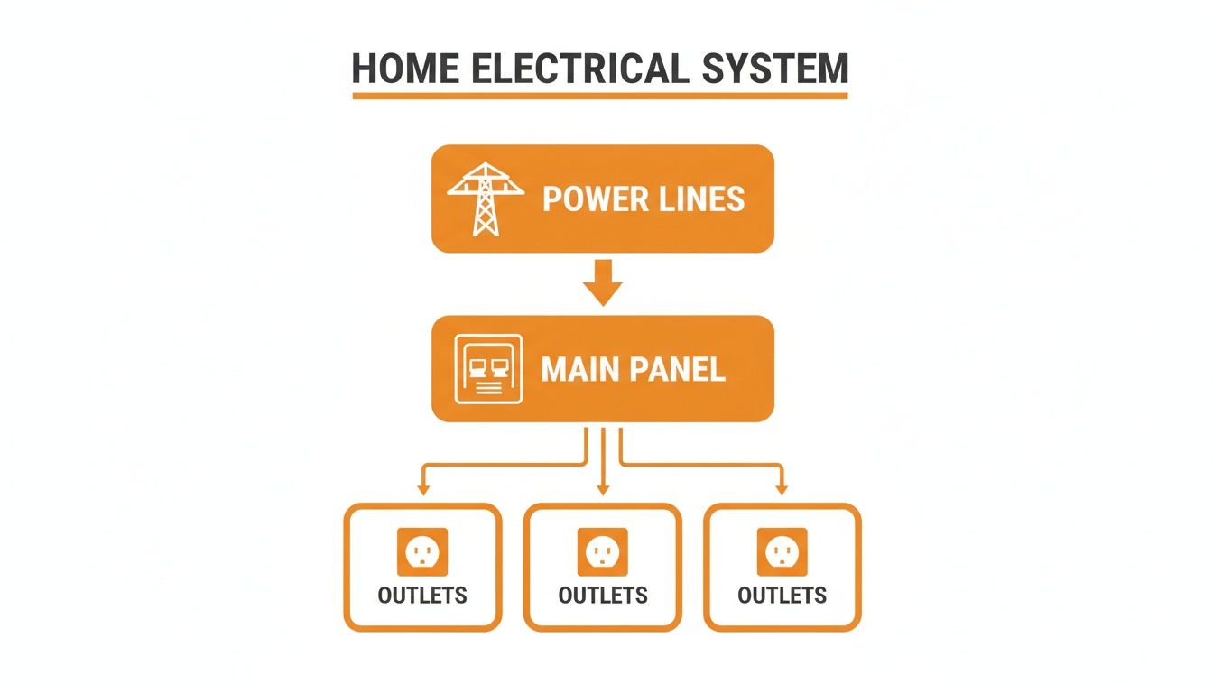 A diagram illustrating the home electrical system, showing power lines connecting to the main panel and then to outlets.