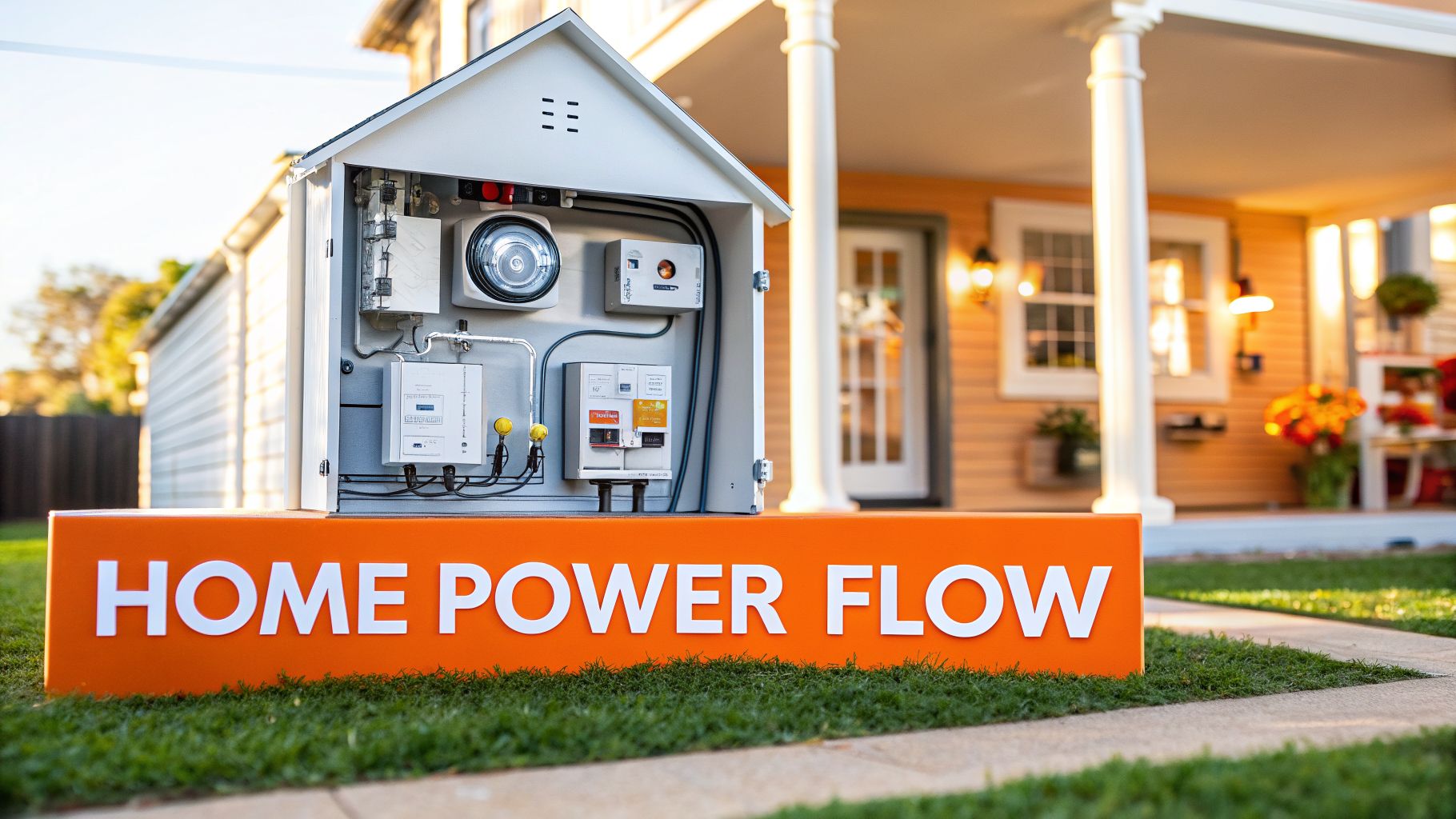 Outdoor display of "HOME POWER FLOW" demonstrating home electrical wiring inside a small house model.