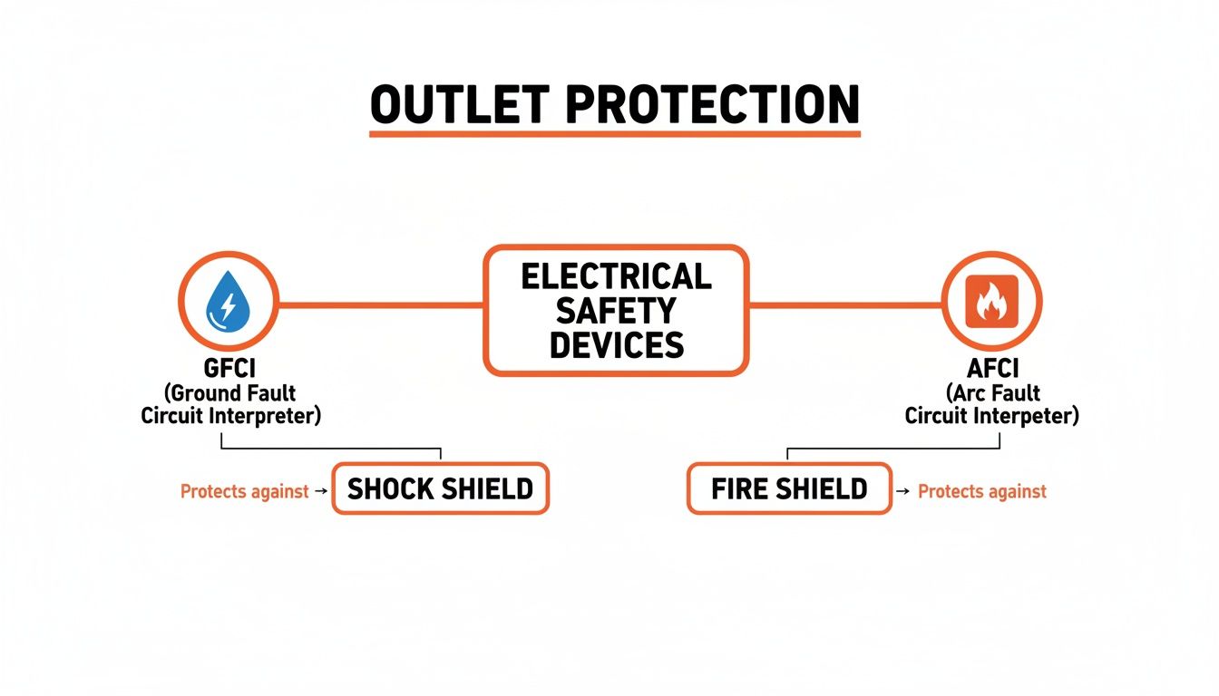 Diagram illustrating outlet protection mechanisms, including GFCI for shock and AFCI for fire safety.