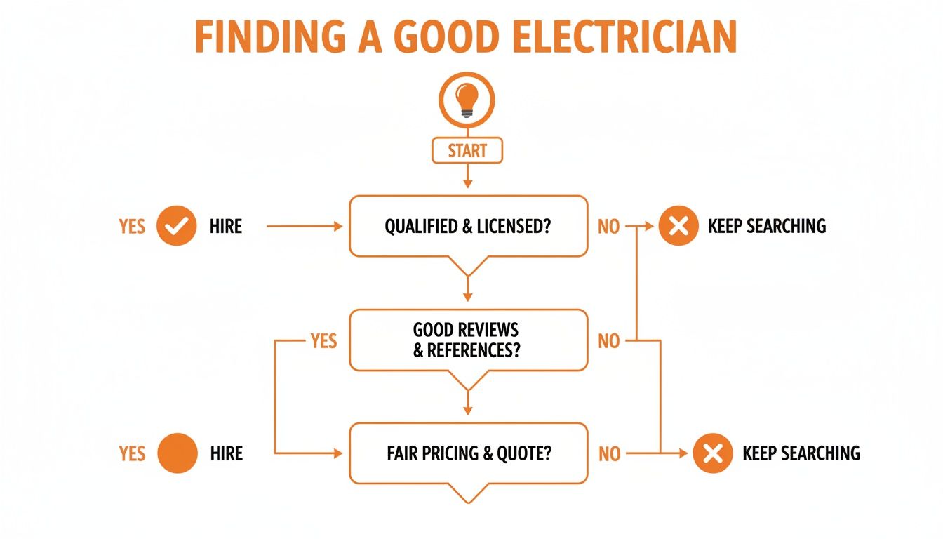 Flowchart detailing steps to find a good electrician, including checking qualifications, reviews, and pricing.