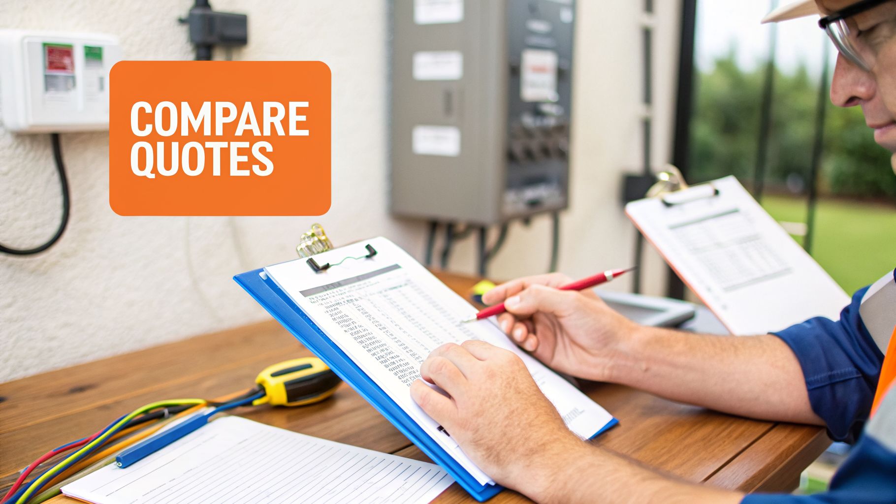 An electrician in a hard hat compares quotes on a clipboard for home services.