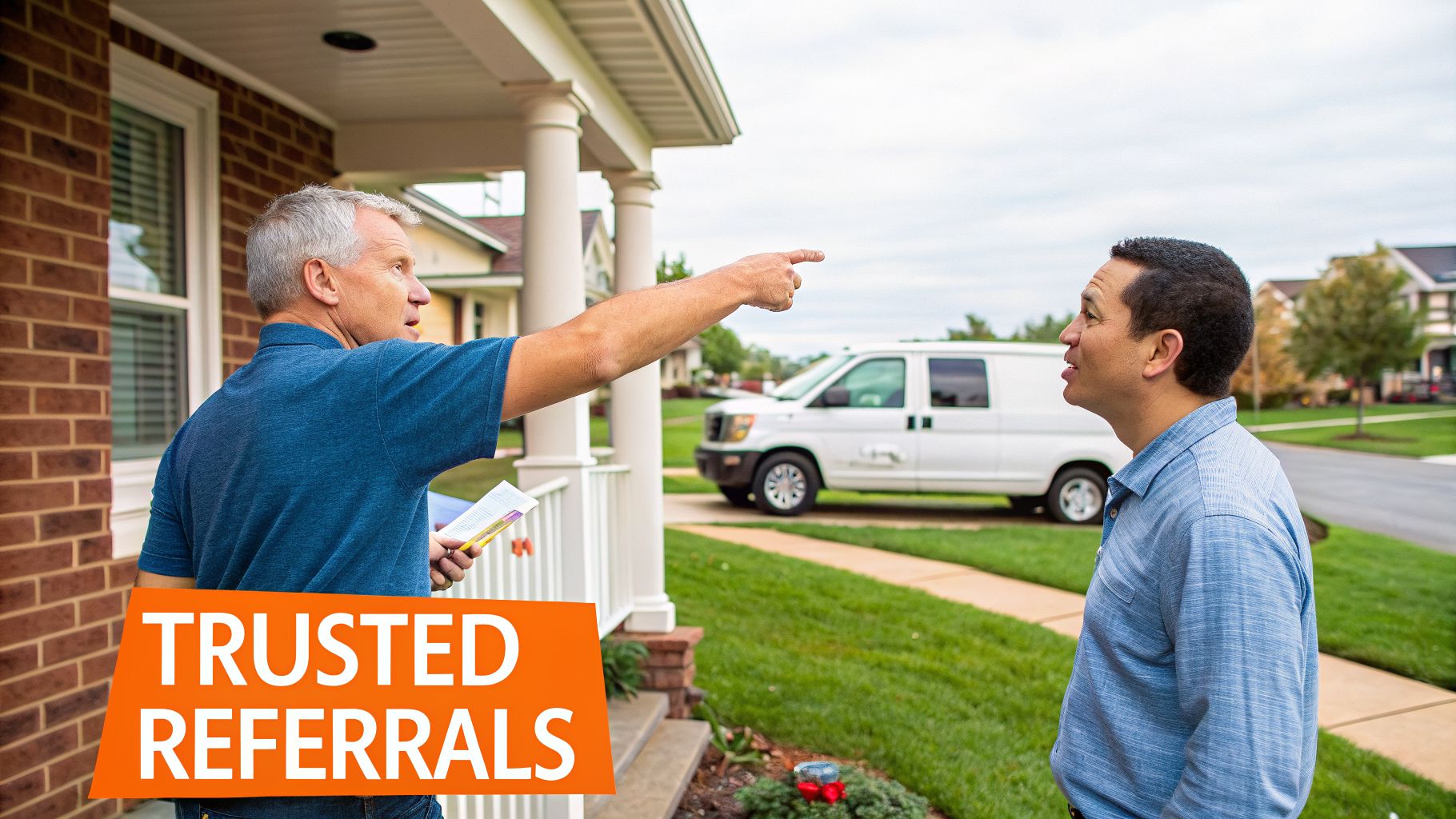 Two men outside a house, one pointing and holding papers, discussing trusted referrals.