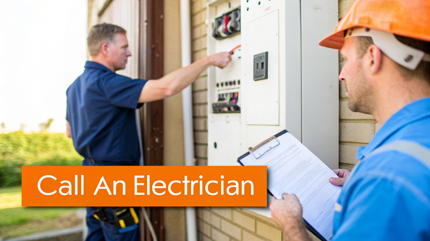 Two electricians inspect an outdoor electrical panel, one working and another observing with a clipboard.