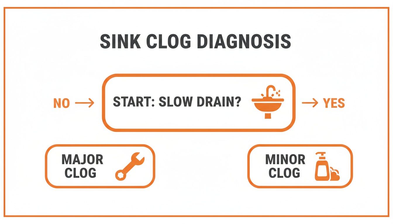 A flowchart for sink clog diagnosis, categorizing it as major or minor based on slow drain.