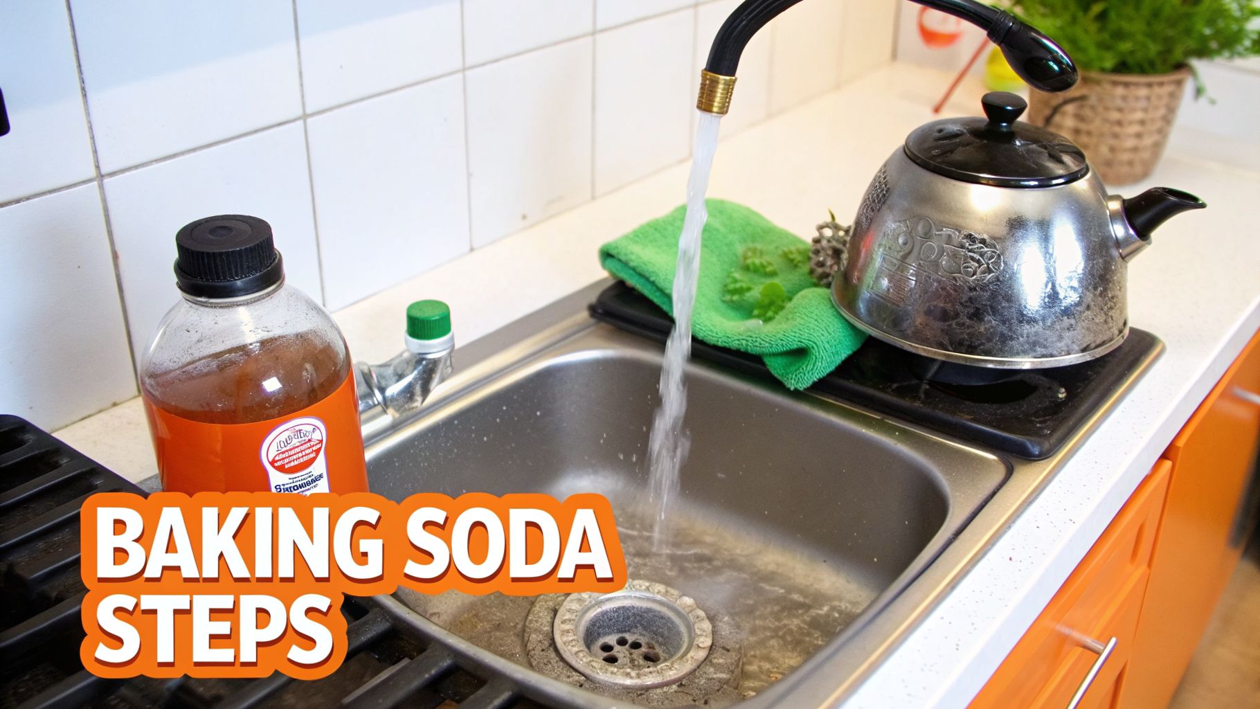 A kitchen sink with running water, a bottle of brown liquid, a kettle, and 'BAKING SODA STEPS' text.