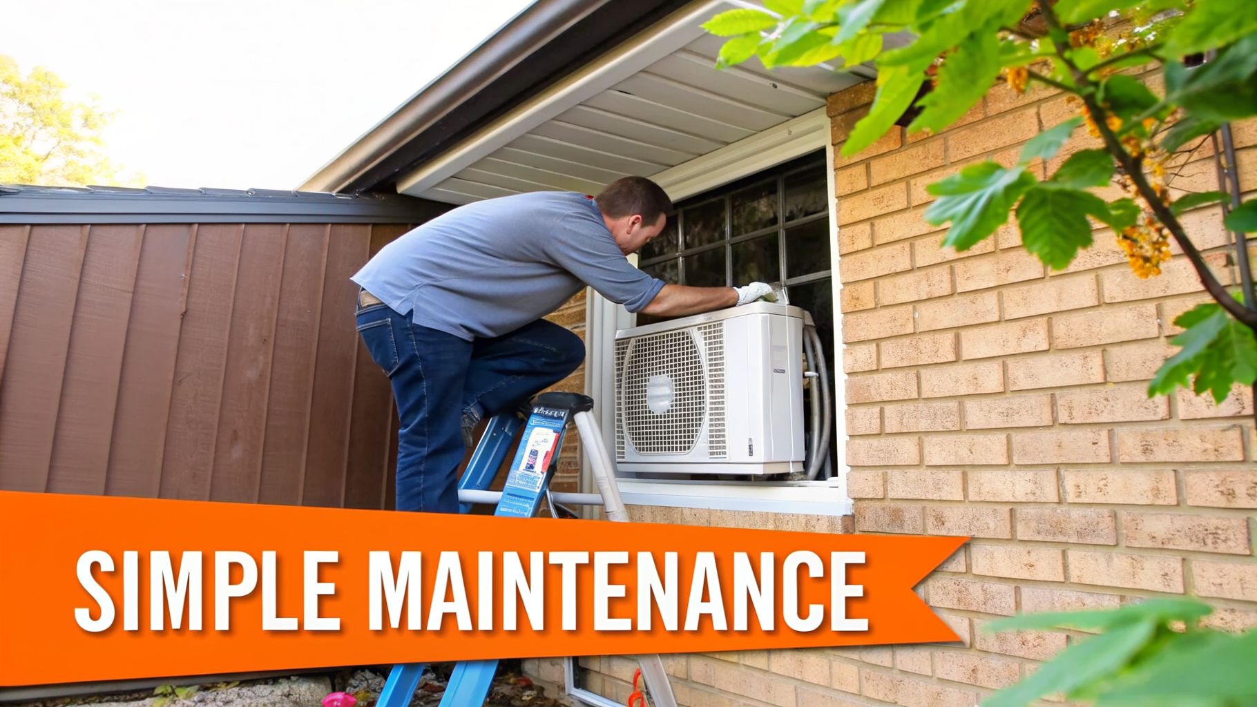 A man on a ladder performing maintenance on a white mini-split AC unit installed in a home window.