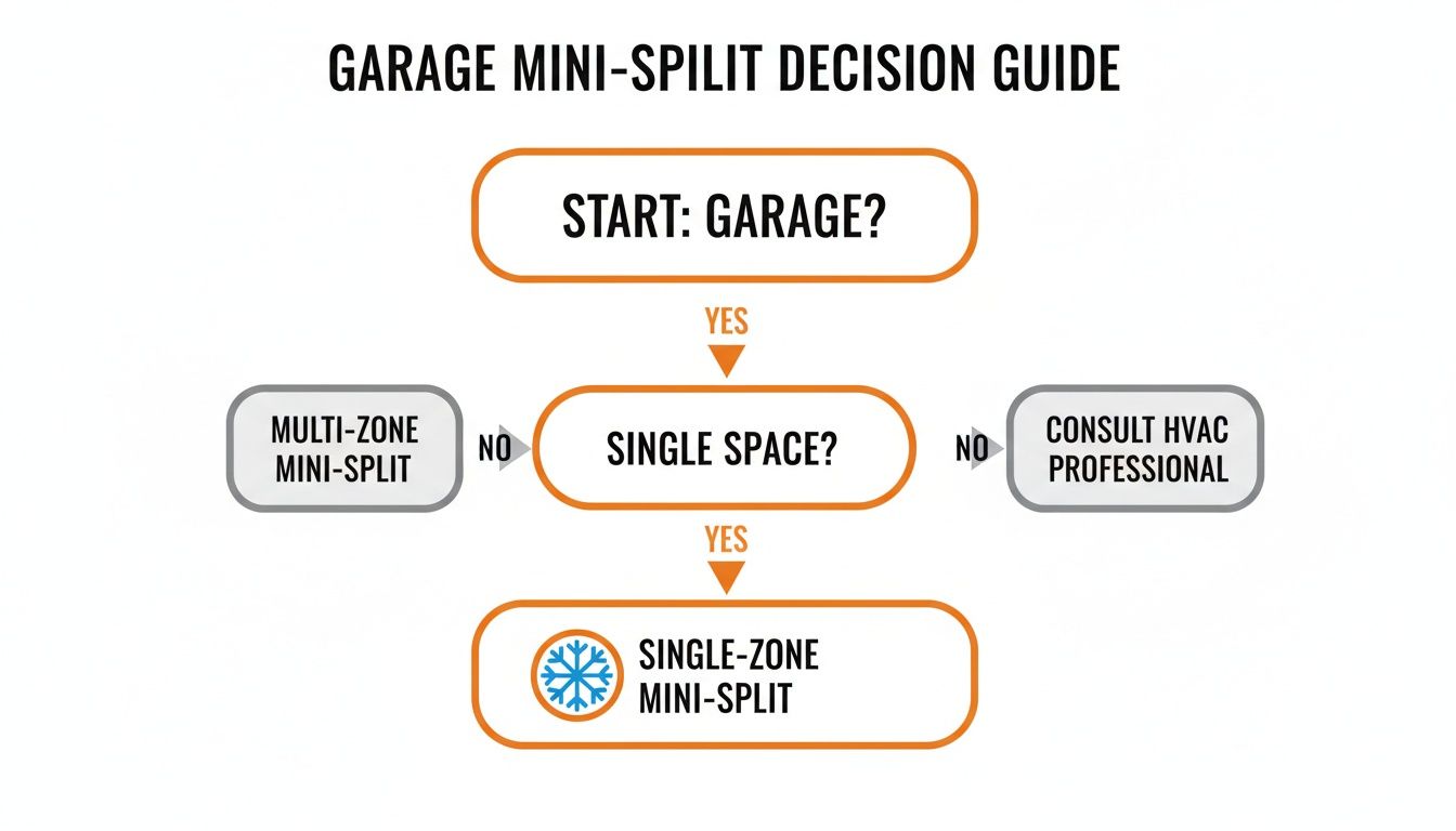 A decision guide flowchart titled 'Garage Mini-Split Decision Guide' to help choose the right system.