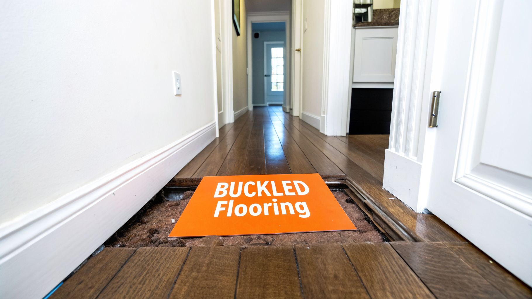 Orange 'BUCKLED Flooring' sign on a damaged wooden floor in a home hallway.
