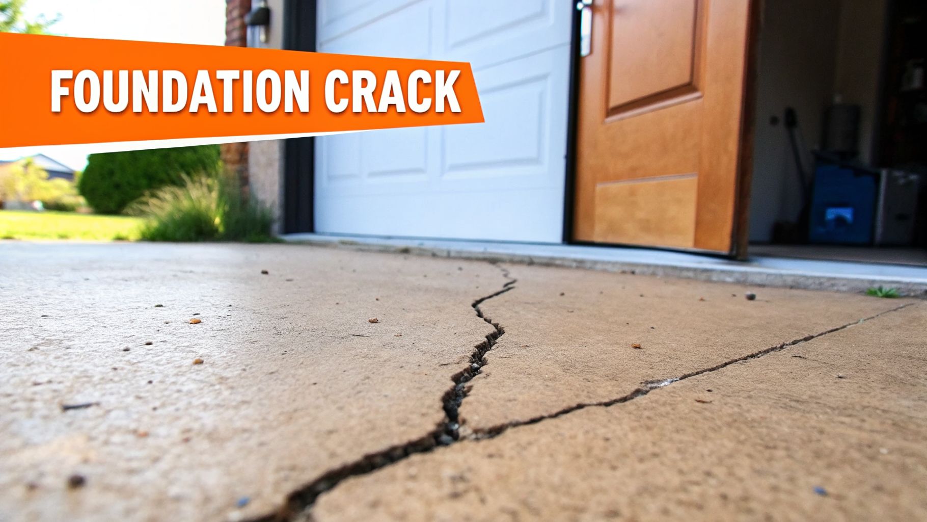 A deep, winding crack in a concrete garage floor or driveway, indicative of foundation issues.