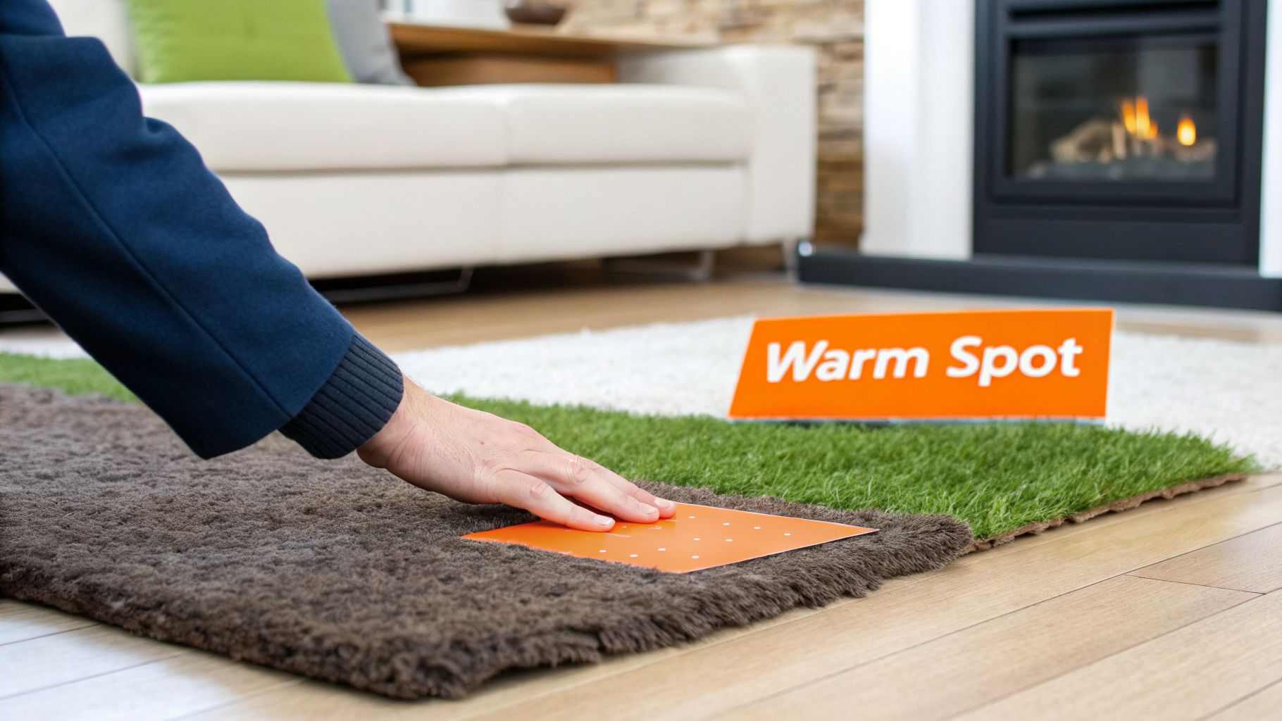 A person's hand touches an orange card on a brown rug, next to artificial grass and a 'Warm Spot' sign.