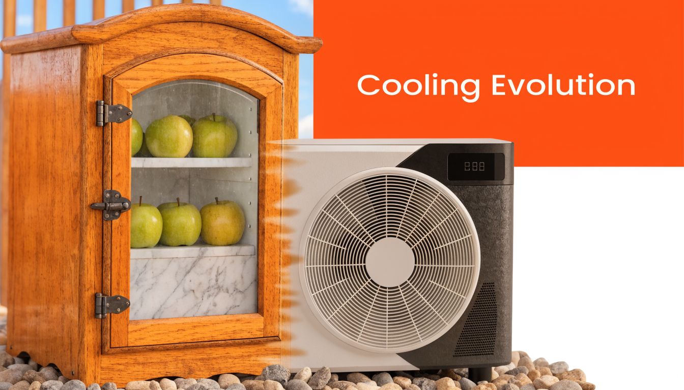 A split image showing an antique wooden icebox alongside a modern air conditioner unit cooling the device.
