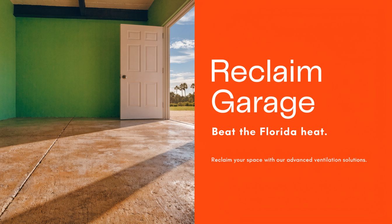 An open door in a green garage space with concrete flooring, advertising ventilation solutions for Florida heat.