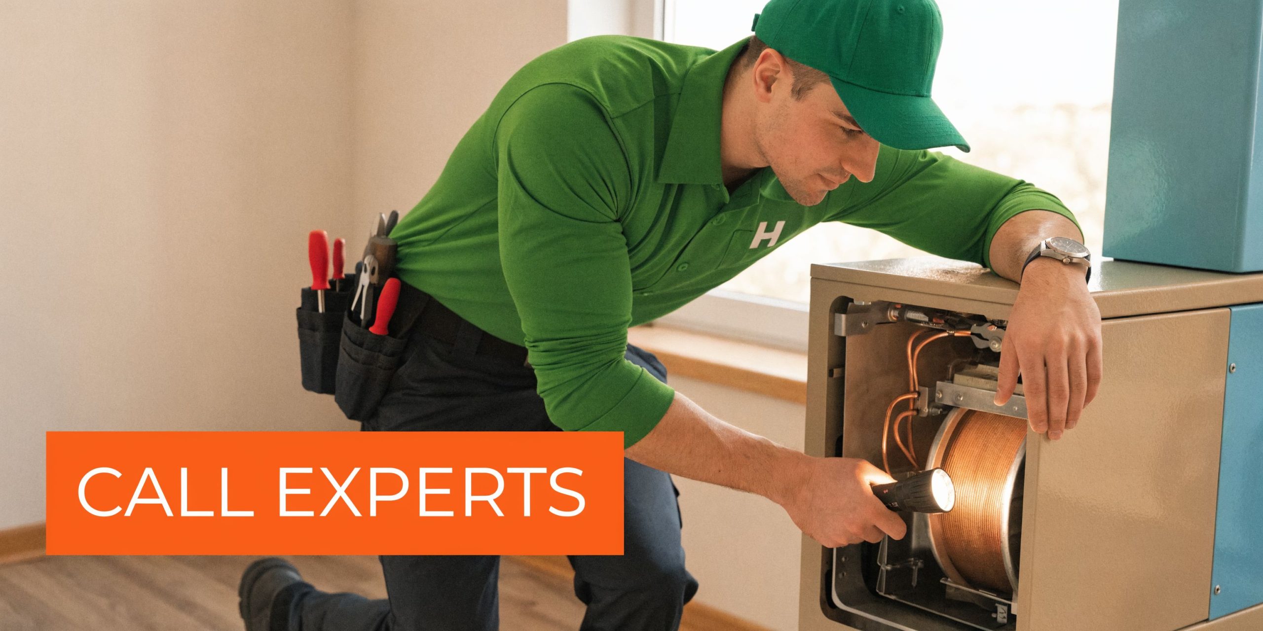 A professional technician wearing a green uniform inspecting the internal components of a furnace with a flashlight.
