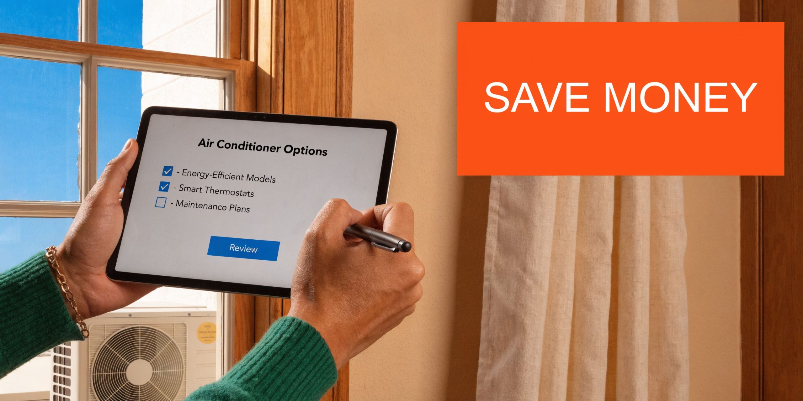 A person using a stylus on a tablet screen to select energy-efficient home air conditioning installation options.