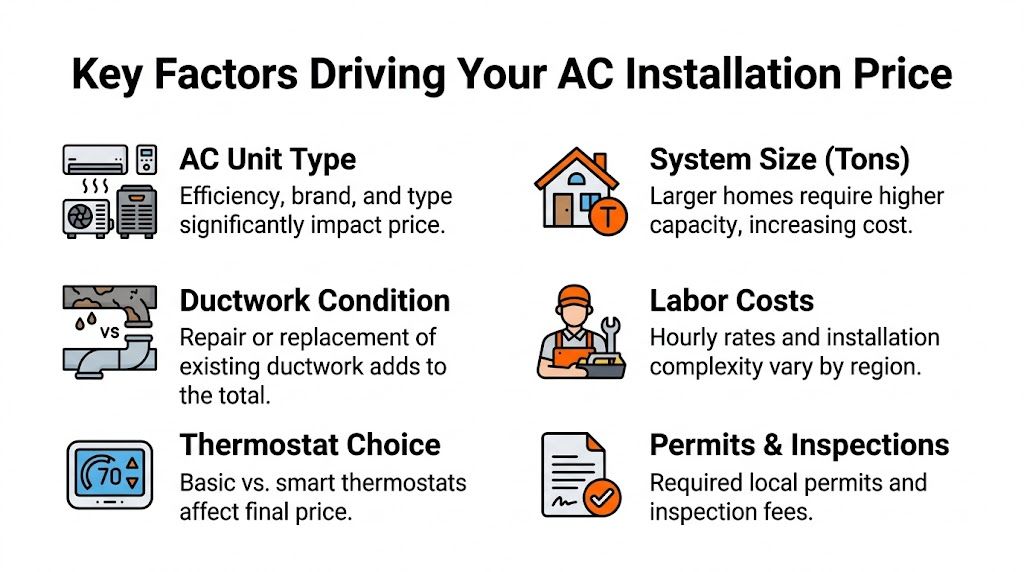 A graphic showing key factors that impact the total cost of installing a new home air conditioning system.