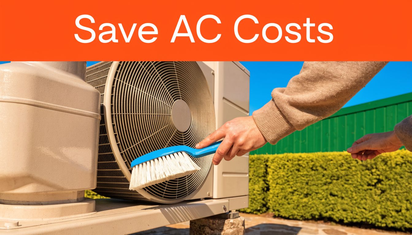 A person cleaning the outdoor air conditioning unit with a brush to improve efficiency.