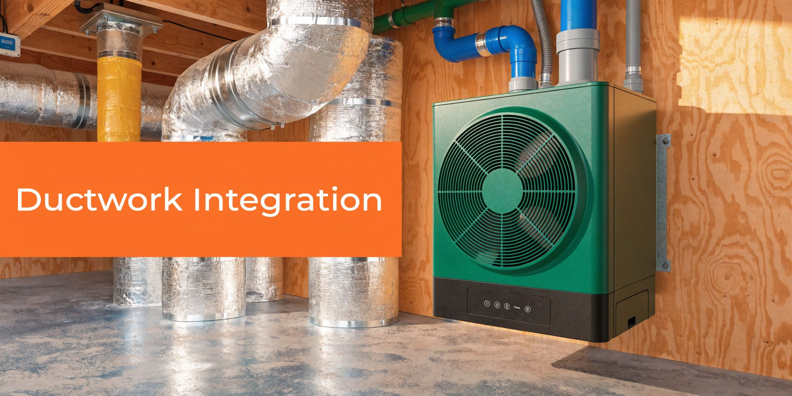 A green whole-house dehumidifier mounted on a wooden wall with connected ductwork in a basement crawlspace.