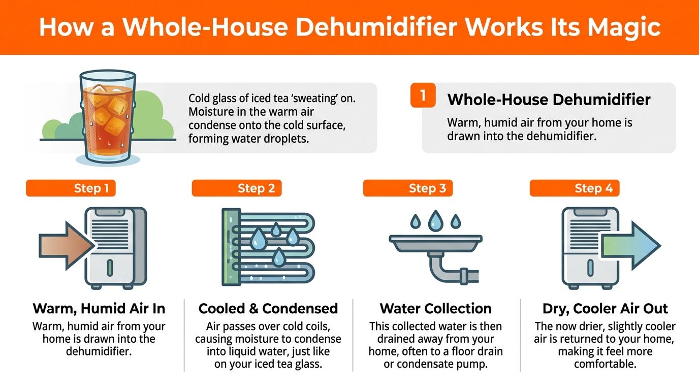 An infographic illustrating the four steps of how a whole-house dehumidifier removes moisture from home air.