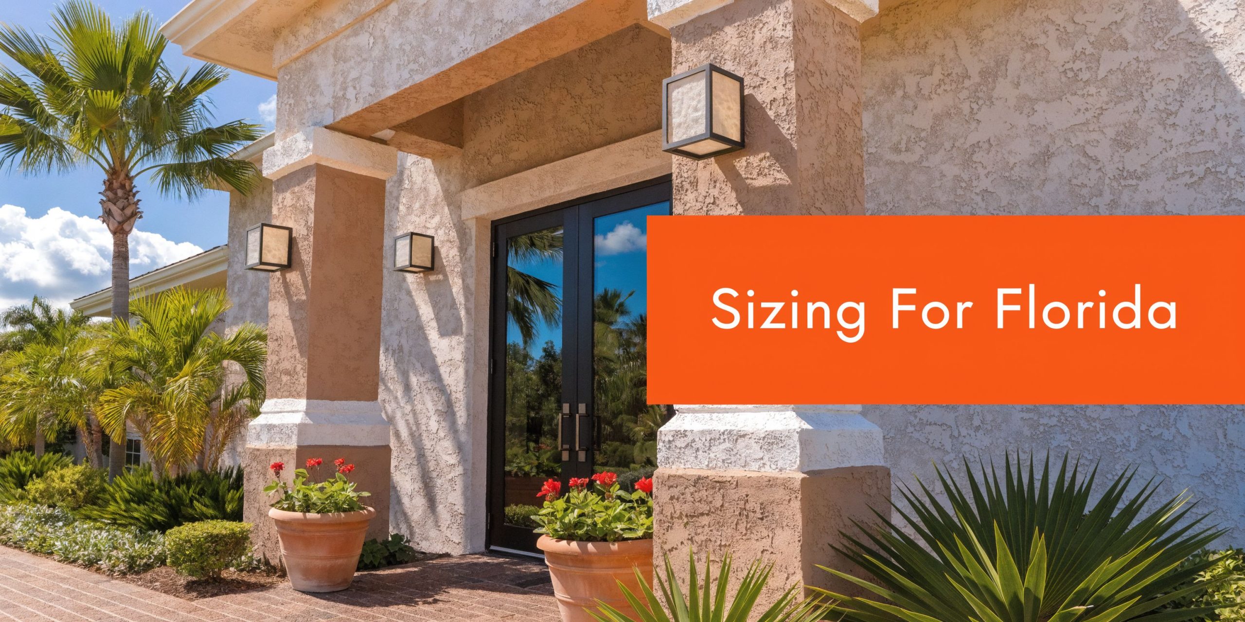 An elegant front entryway of a Florida home featuring stucco columns, double doors, and lush tropical landscaping.