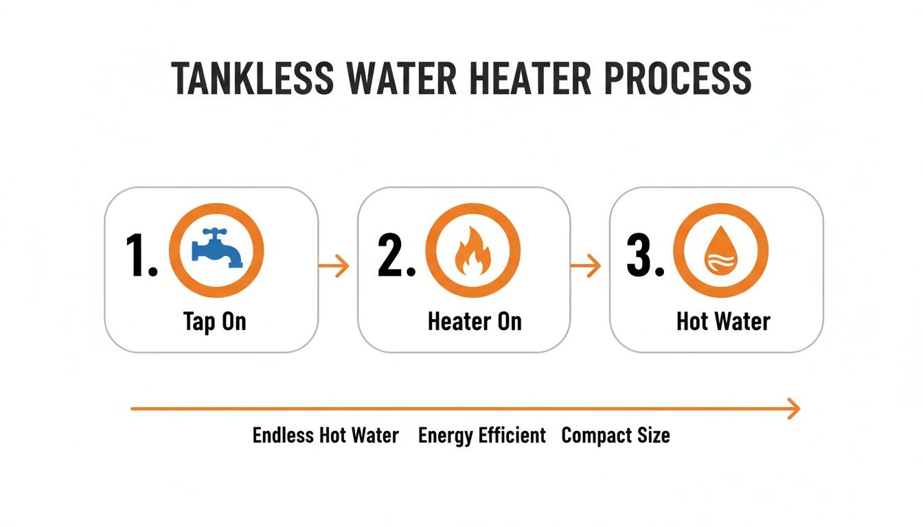 Diagram showing the tankless water heater process: tap on, heater on, and hot water, highlighting benefits.