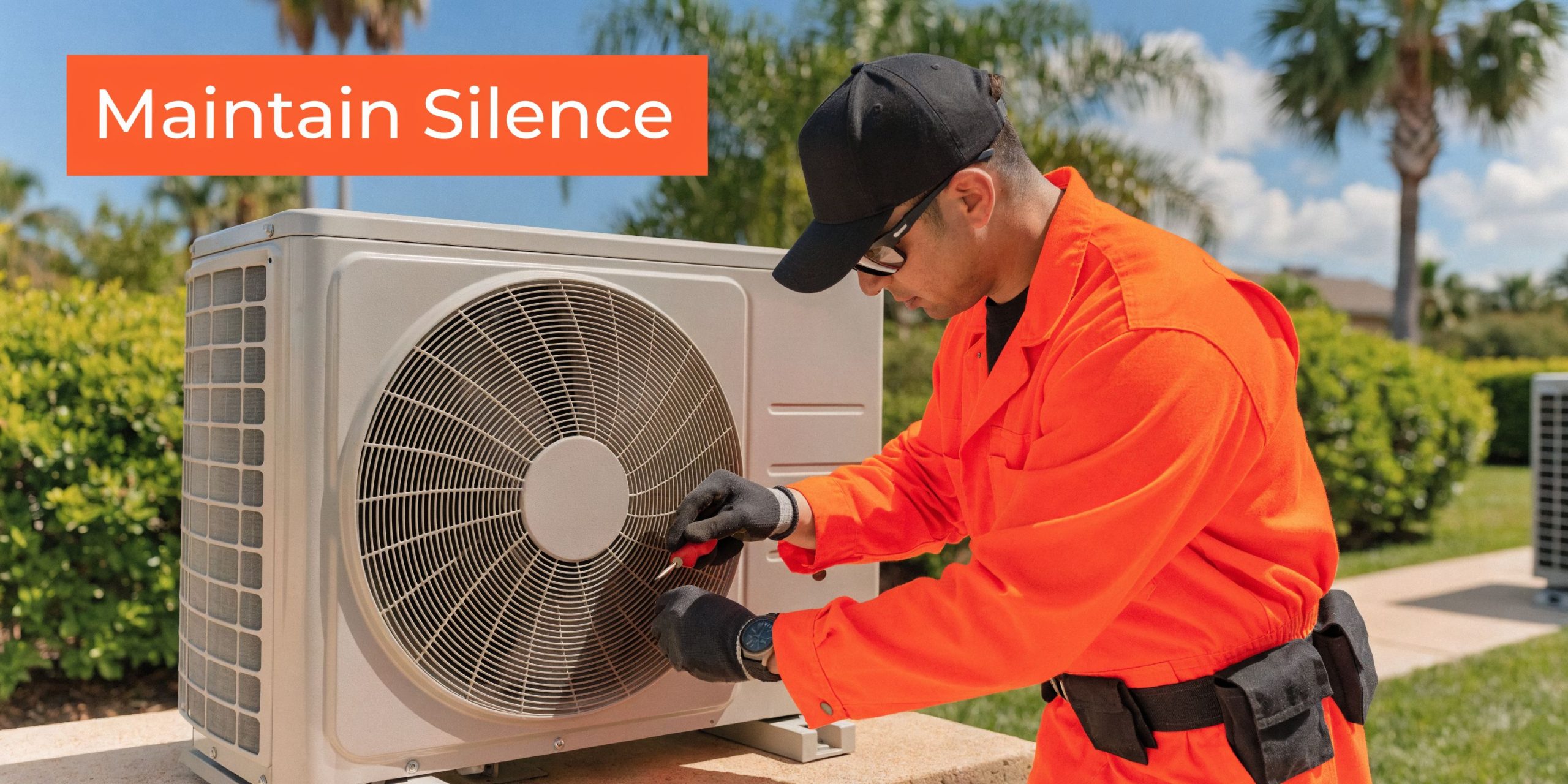 A professional HVAC technician in an orange uniform repairs an outdoor noiseless air conditioner unit.