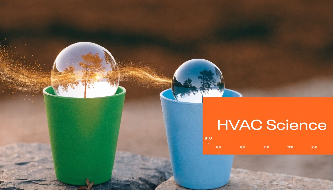 Two crystal spheres rest on green and blue cups against a backdrop with HVAC terminology.