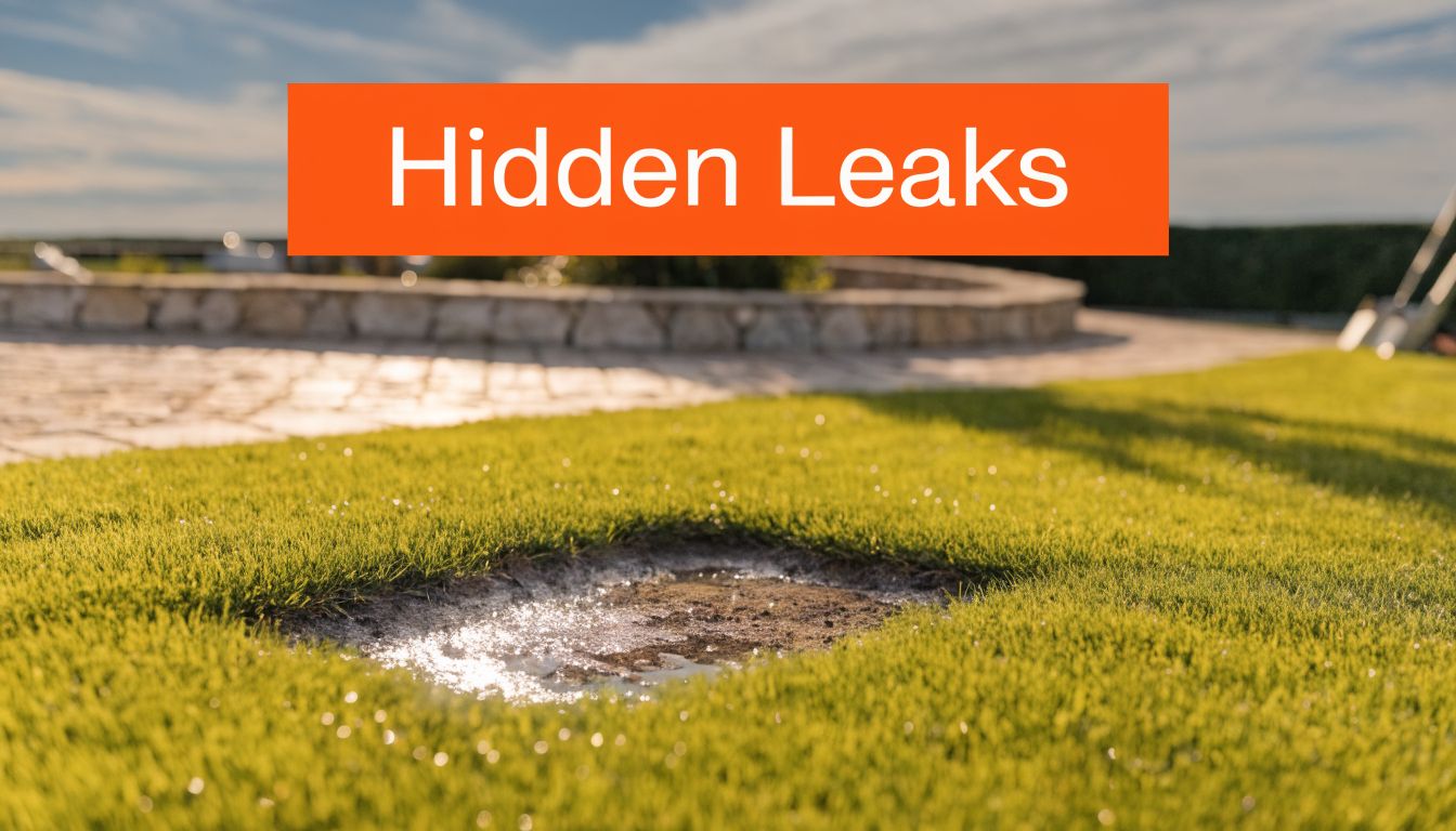 A patch of soggy, wet grass in a lawn indicating a potential underground water pipe leak.