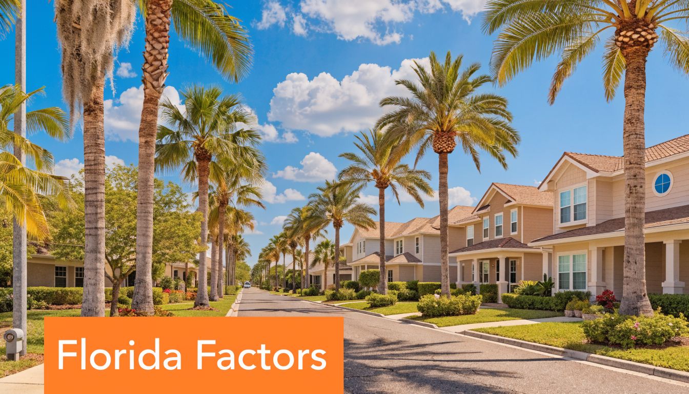 A quiet residential street in Florida lined with palm trees and suburban houses under a blue sky.