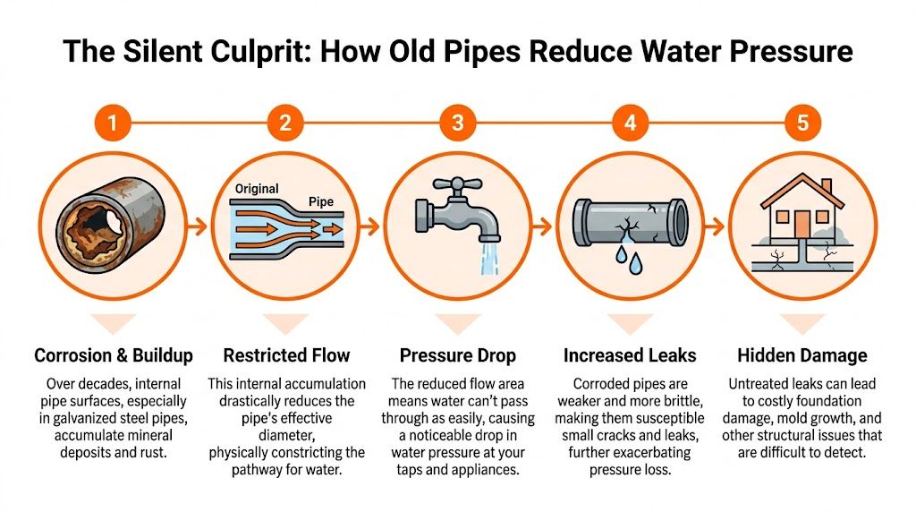 A five-step infographic showing how corrosion and mineral buildup in old pipes cause low water pressure.