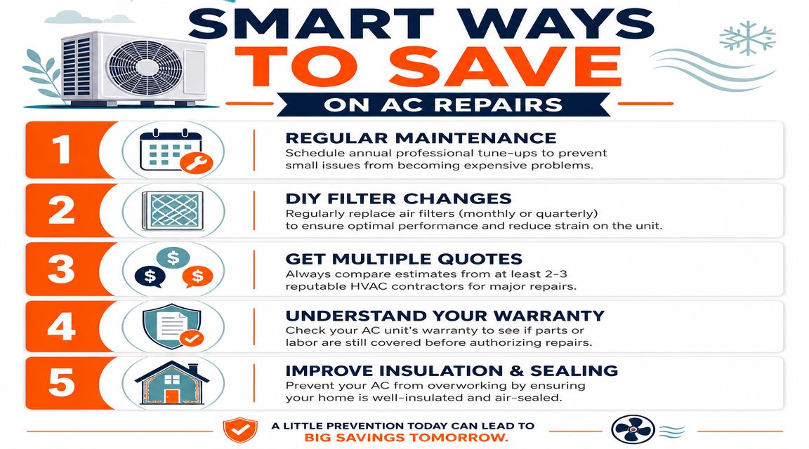 An infographic titled smart ways to save on air conditioning repairs featuring five numbered professional maintenance tips.