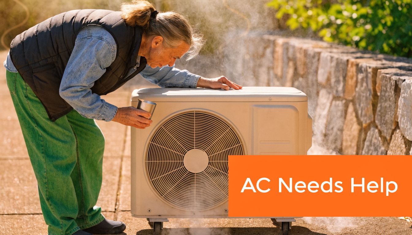 A person inspects a steaming air conditioning unit outdoors, highlighting the need for professional air conditioning repair.