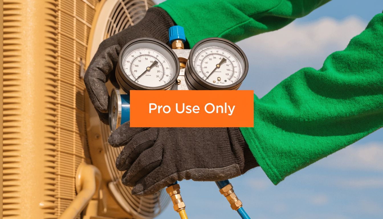 A technician wearing gloves using a pressure gauge manifold to repair an outdoor air conditioning unit.