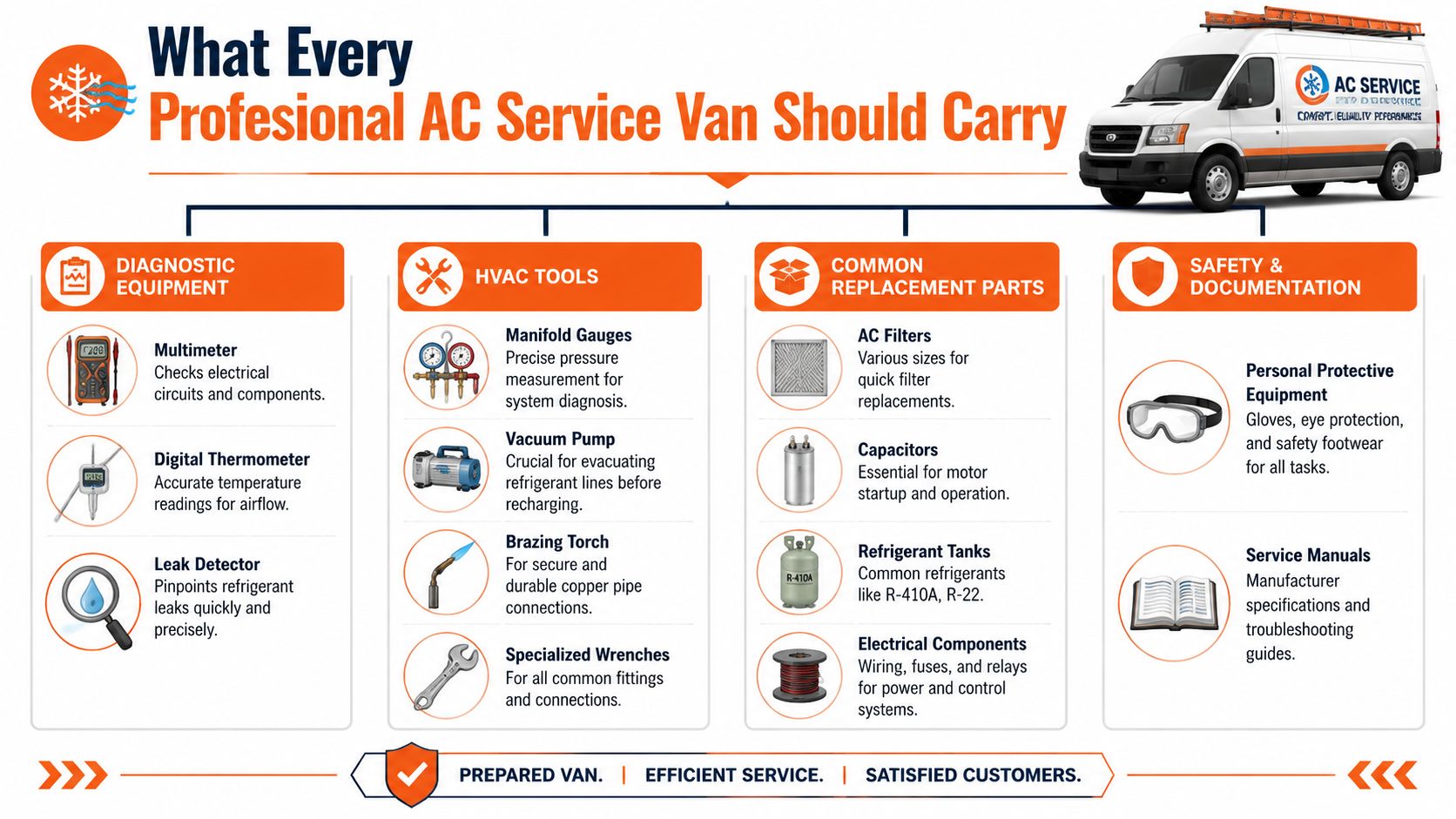 An infographic detailing essential diagnostic equipment, HVAC tools, replacement parts, and safety items for professional air conditioning service vans.