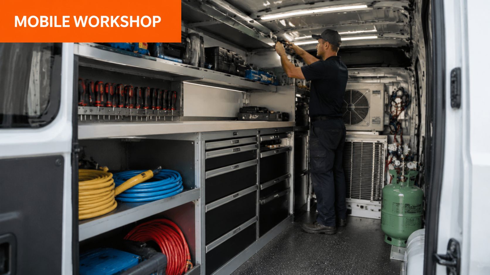 A technician working inside a mobile workshop van organized with professional tools and air conditioning repair equipment.