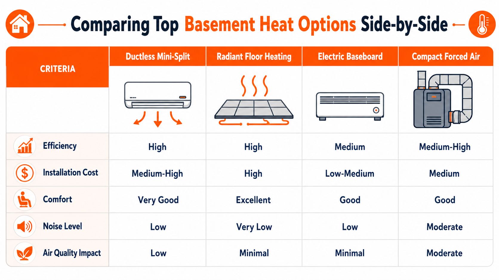 A comparison chart outlining efficiency, cost, comfort, noise, and air quality of basement heating systems.