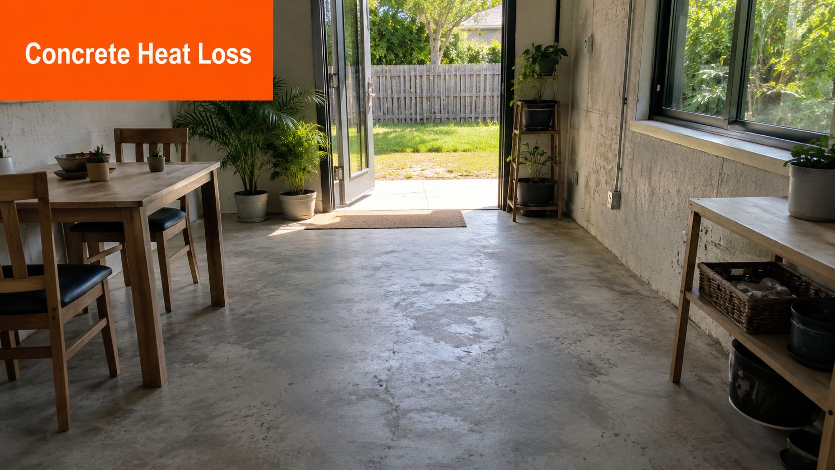 A modern indoor space featuring a concrete floor, dining table, and open doors leading to a backyard.