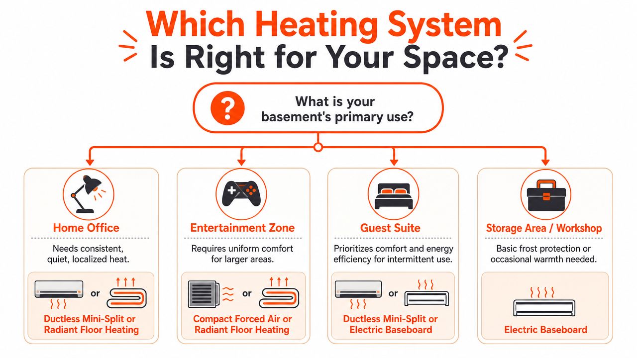 An infographic chart helping homeowners choose the best heating system based on their basement's primary use.