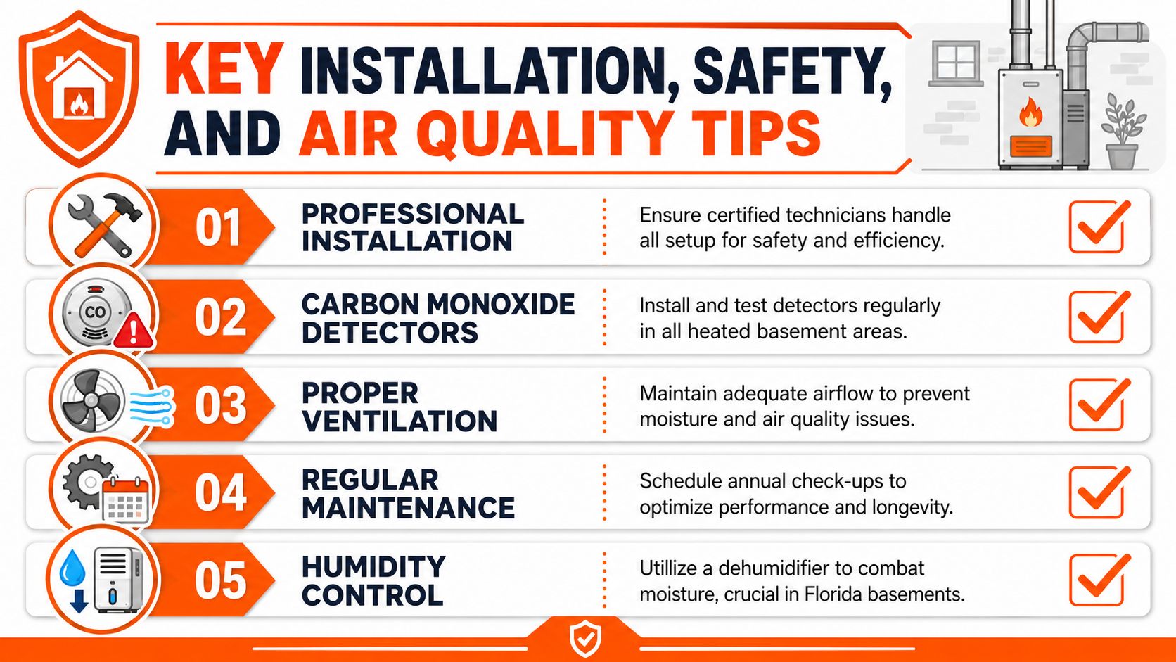 An infographic showing five essential safety and air quality tips for heated basement installation and maintenance.