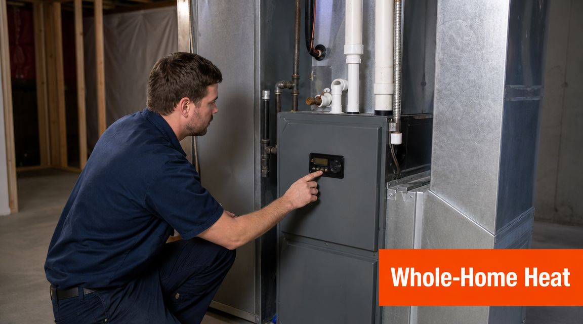 A professional HVAC technician kneeling and inspecting a residential heating furnace system in a basement setting.