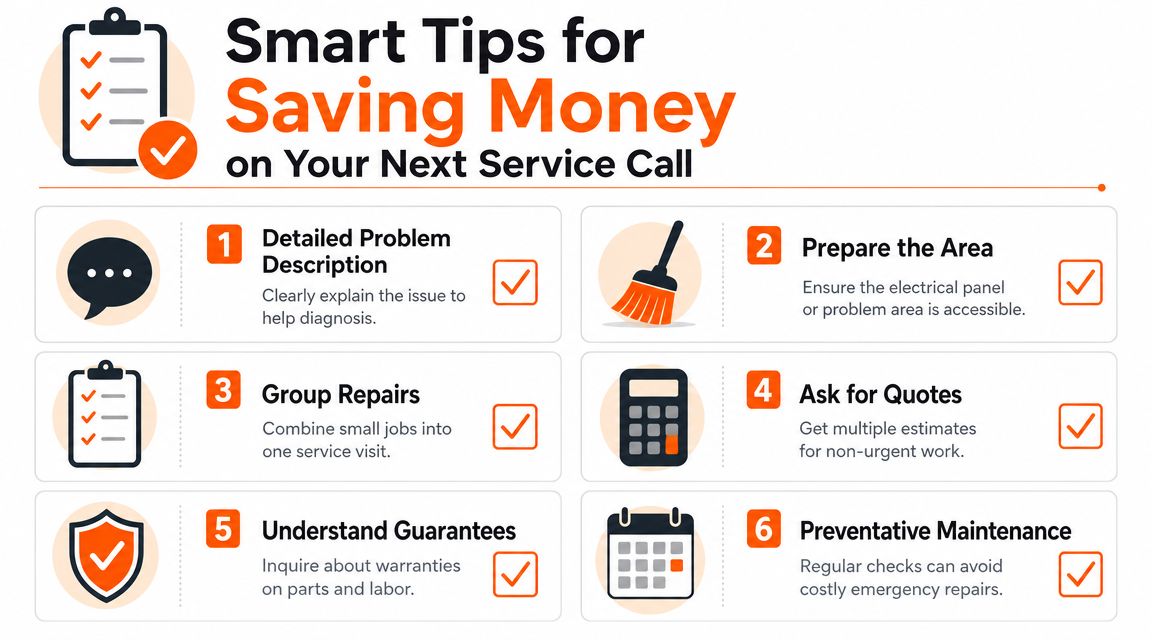 An infographic titled Smart Tips for Saving Money on Your Next Service Call with six numbered steps.