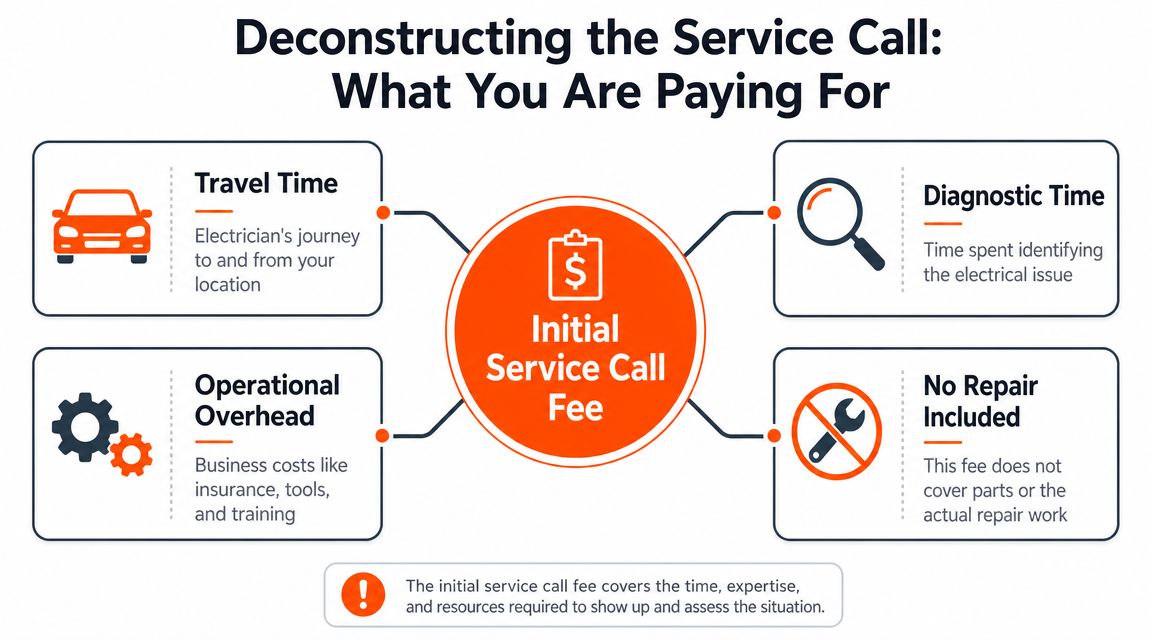 An infographic illustrating the four components that make up an initial electrical service call fee.