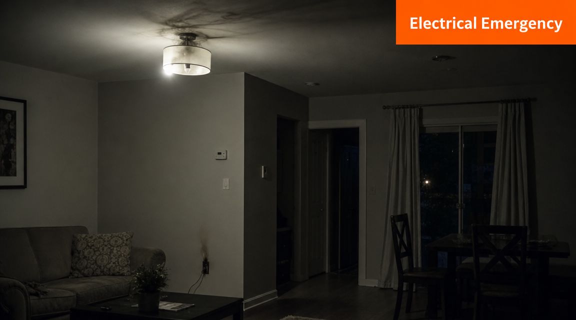 A living room featuring a burnt electrical outlet on the wall, indicating an urgent electrical emergency risk.