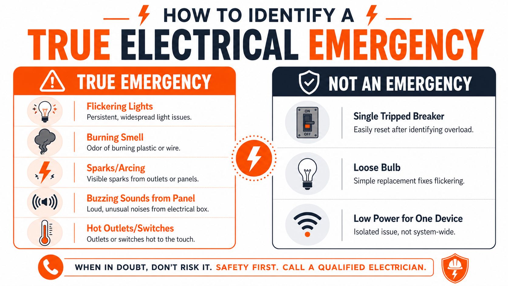An infographic distinguishing between true electrical emergencies and non-emergency situations in a residential home setting.