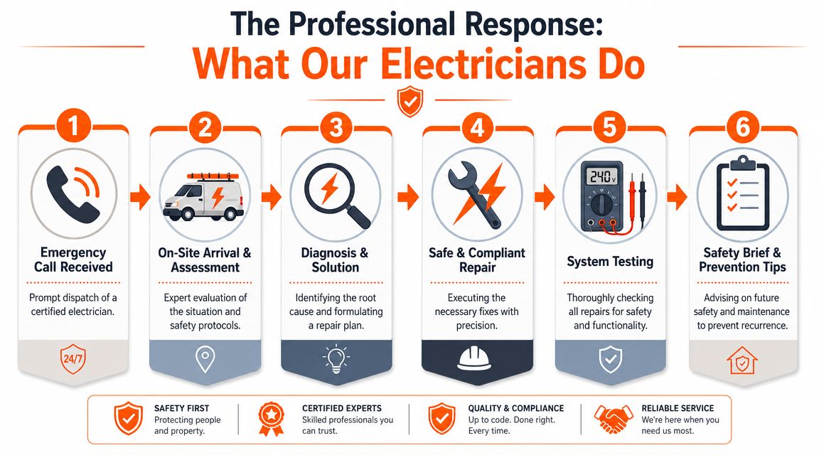 A professional infographic showing a six-step process for providing emergency electrical services to residential or commercial properties.