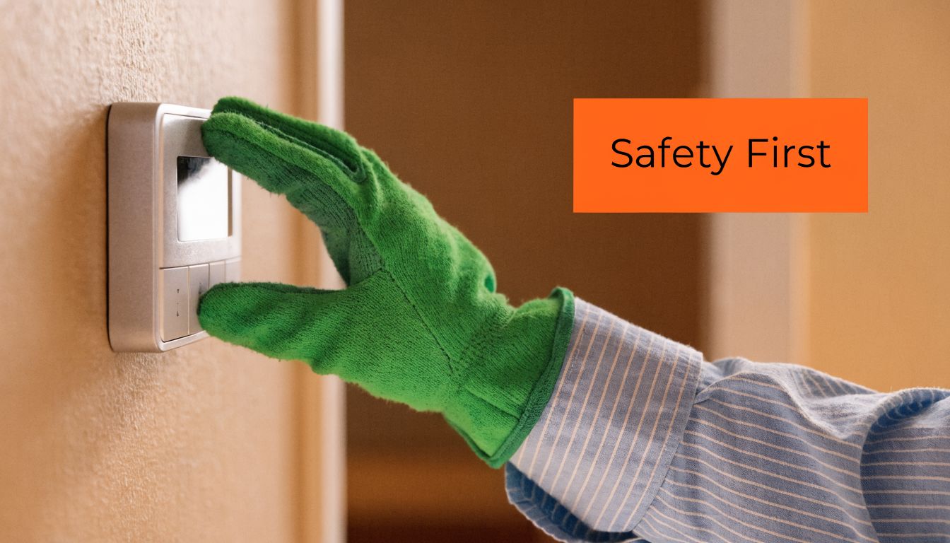 A gloved hand adjusting a wall-mounted thermostat to prioritize safety and ensure proper heating system operation.