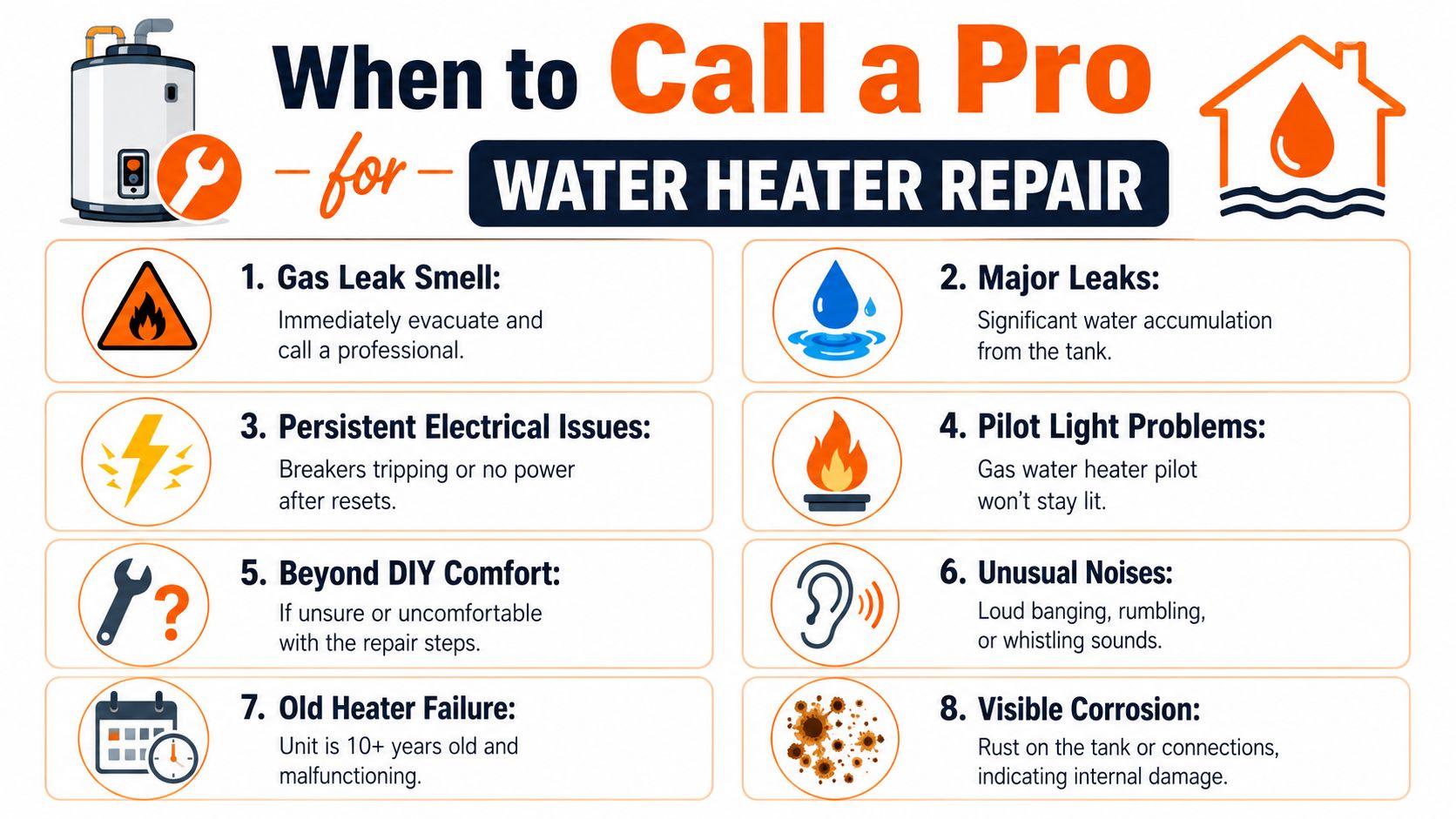 An infographic titled When to Call a Pro for Water Heater Repair listing eight critical warning signs.