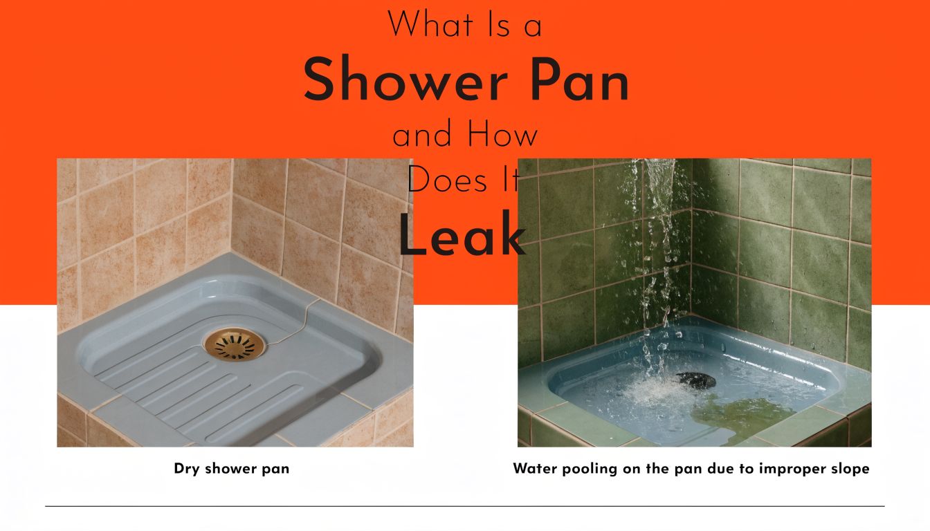 A split image showing a dry shower pan on the left and a leaking shower pan with water pooling on the right.