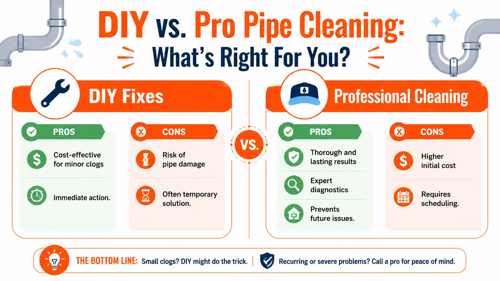 An infographic comparing the pros and cons of DIY pipe cleaning versus professional plumbing services.